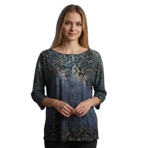 Chico’s Albany Crochet Studded Blue with Green Brown Cheetah Tunic. Size L. EUC‎